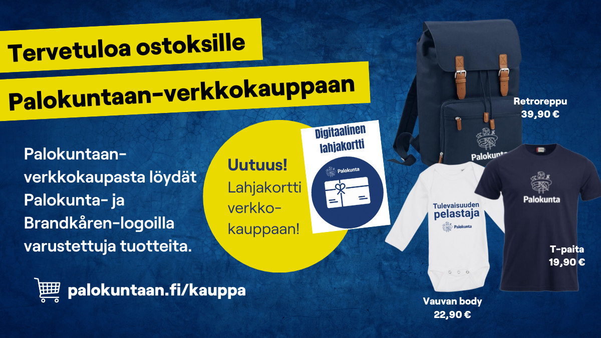 Palokuntaan-verkkokaupasta palokunta- ja brandkåren-logoilla varustettuja tuotteita.